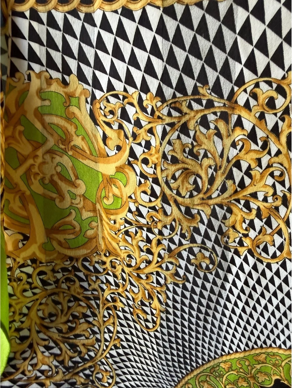 Elegant Green and Gold Patterned Scarf with Geometric and Baroque Design